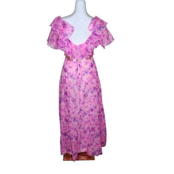 Vintage 70s Flutter Sleeve Empire Waist Maxi Dress Floral Womens M Pink - Picture 4 of 5